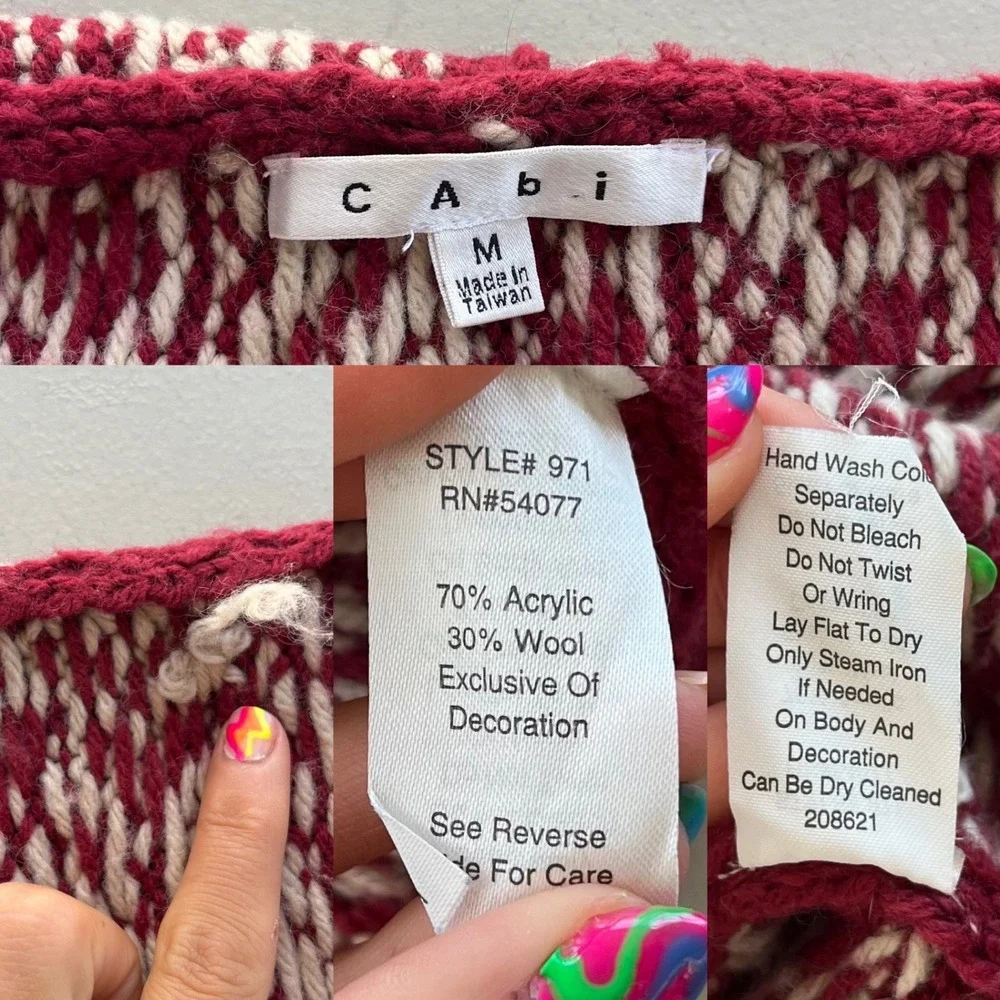 Cabi M Red White Fair Isle Wool Blend Pin Closure Knit Wrap Nordic Shrug Sweater